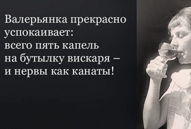 Выпей валерьянки. Валерьянка прекрасно успокаивает всего 5 капель. Пять капель валерьянки на бутылку вискаря и нервы. Валерьянка прекрасно успокаивает всего 5 капель на бутылку. Юмор и нервы как канаты.