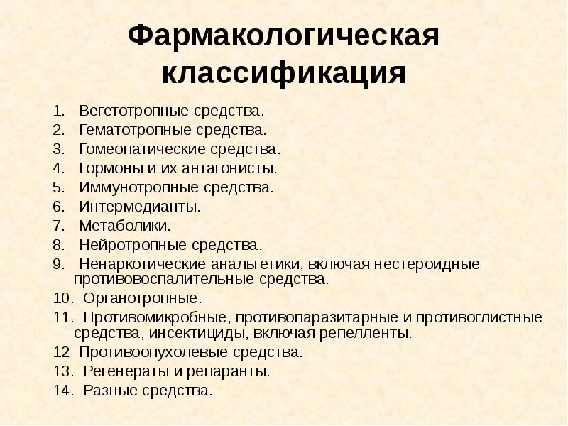 Схема классификация лекарственных средств по объекту воздействия